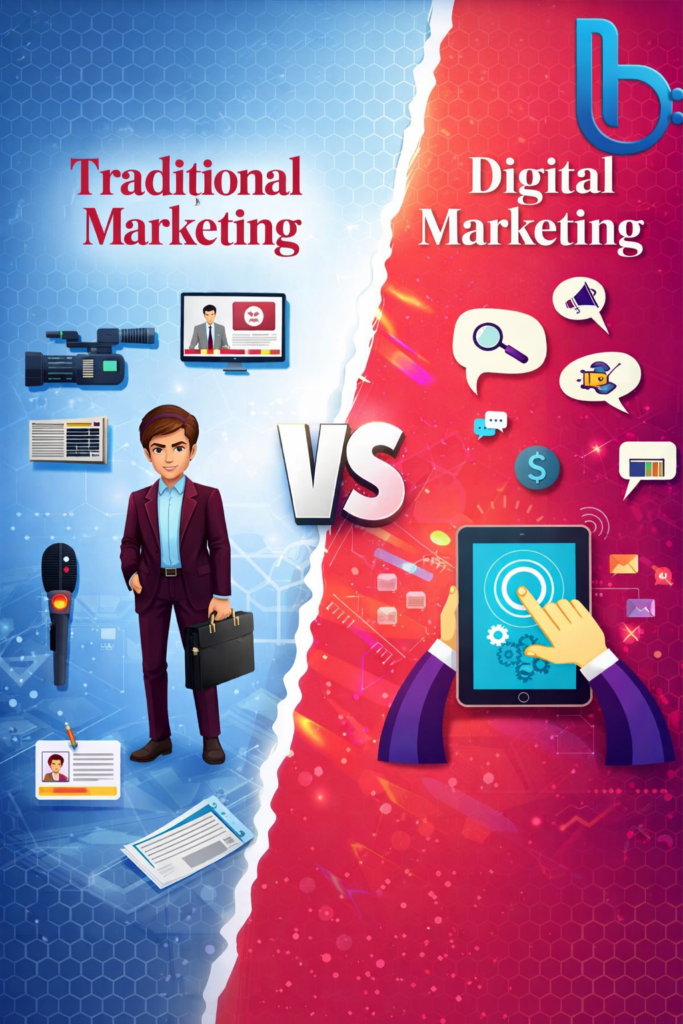 Strong Guide 2026 : What is better Traditional vs Digital marketing comparison showing offline advertising methods versus online digital marketing channels in 2026